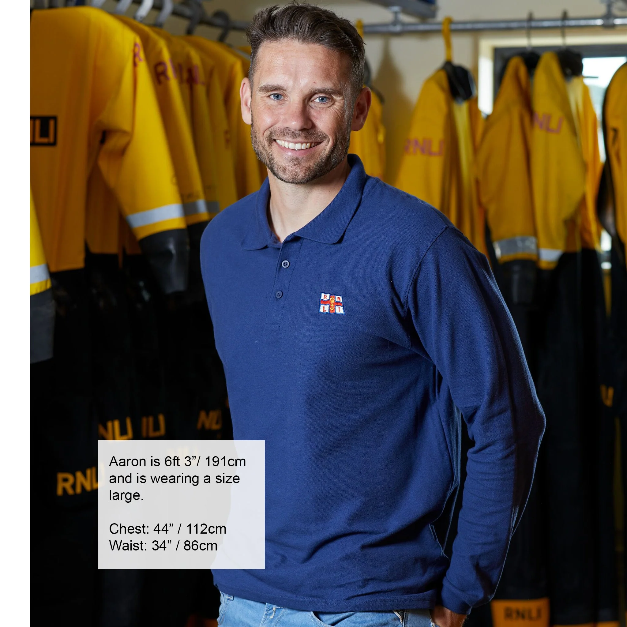 Unisex RNLI Flag Long Sleeve Piqué Polo Shirt, Navy - Image 3