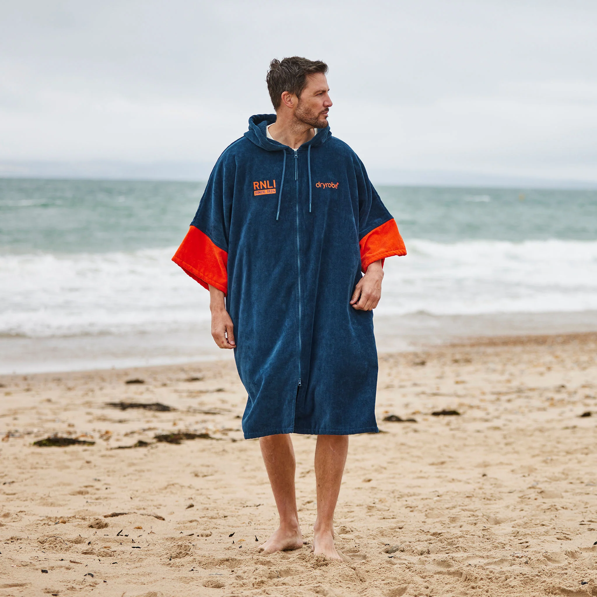RNLI Dryrobe® Full-Zip Towel Robe, Blue/Orange - Image 4